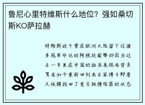 鲁尼心里特维斯什么地位？强如桑切斯KO萨拉赫